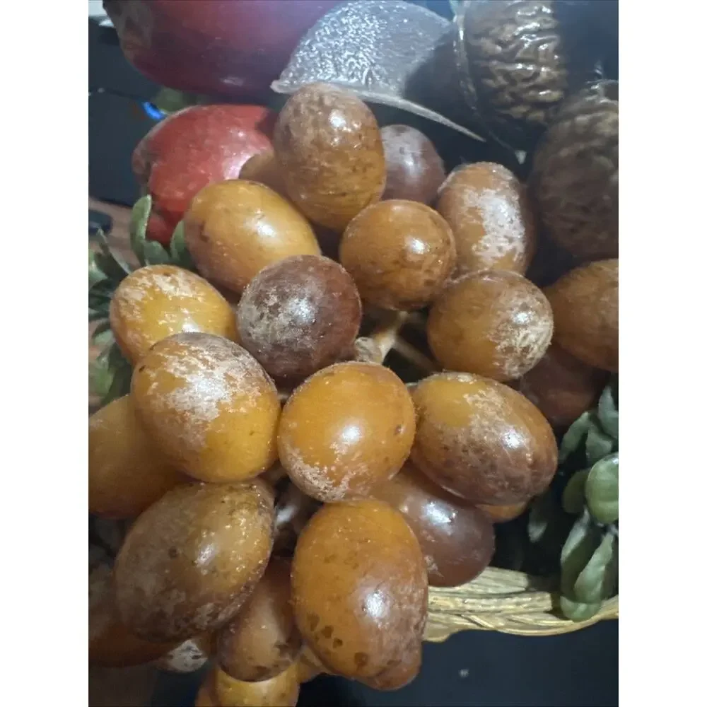 Vintage Plastic Fruit Arrangement Woven Basket Walnuts Apples Grapes Ladybug MCM
